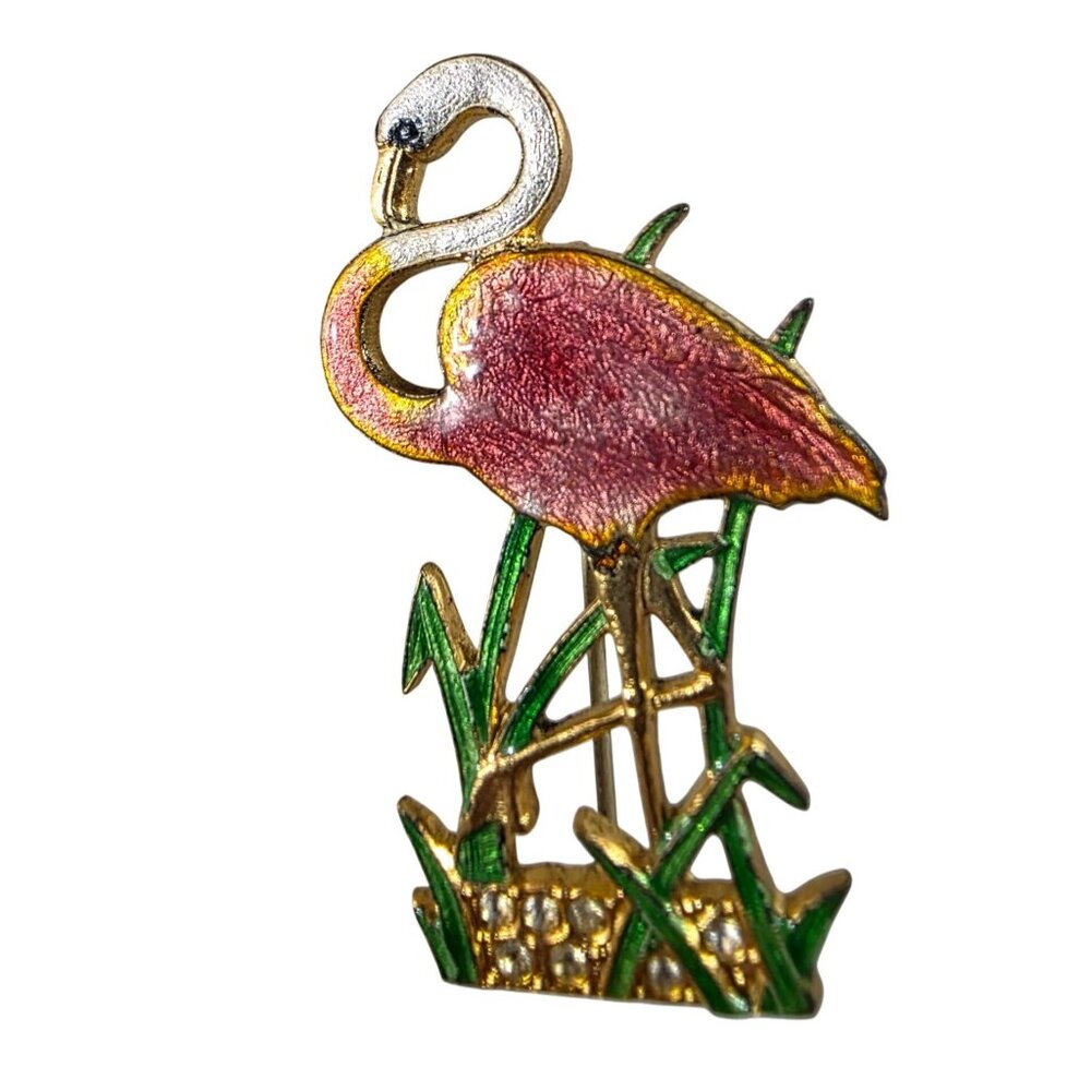 Vtg Flamingo Enamel Pin Brooch Gold Tone With Green & Pink Accents bird animal